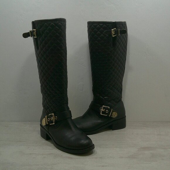 Vince Camuto Wenters Quilted Black Leather Tall Riding Boots Full Zip Size 7.5 B - Picture 2 of 10